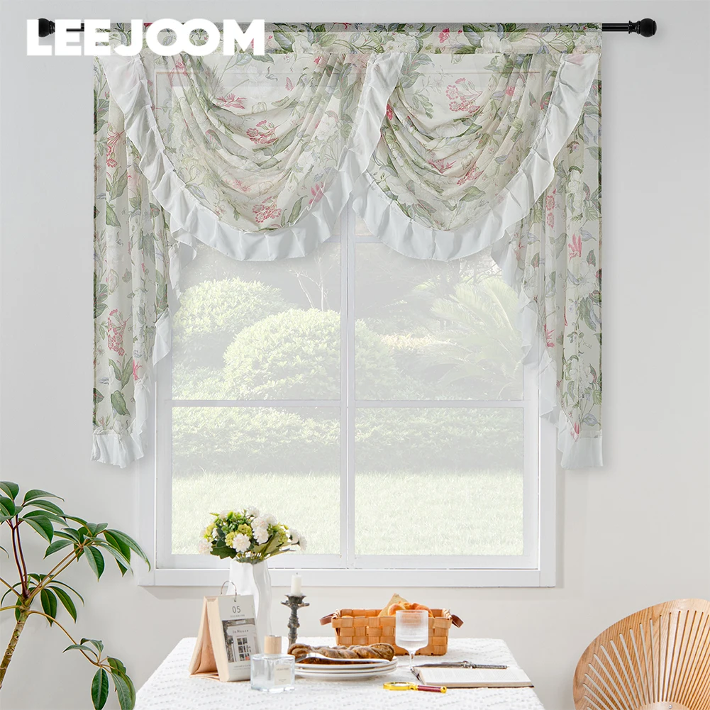 LEEJOOM European Style Romantic Flower Floral Printed Tulle Curtain Head Curtain Valance Rod Pocket Window Home Decor 1PC