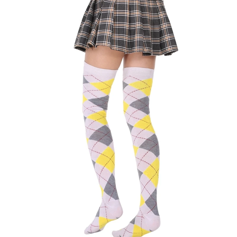 Women Student Thigh High Socks Vintage Colorful Argyle Plaid Over Knee Stockings