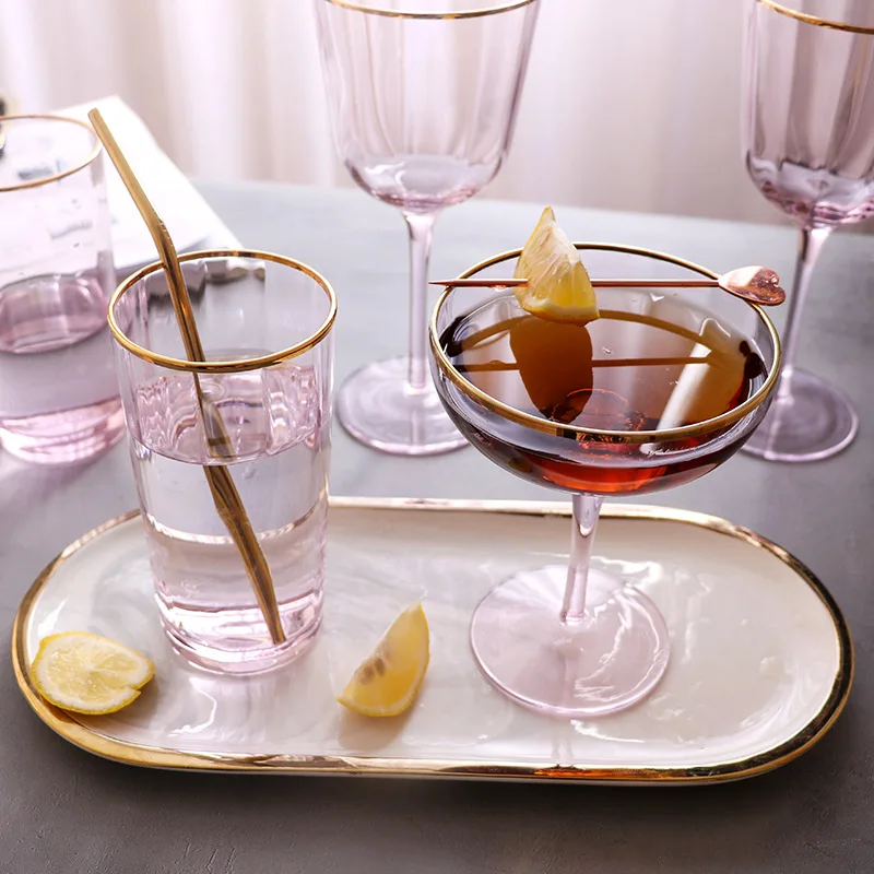 New Golden Edge Ripple Champagne Wine Glass Pink Transparent Lead Free Cocktail Glasses Crystal Whiskey Juice Drinking Cup