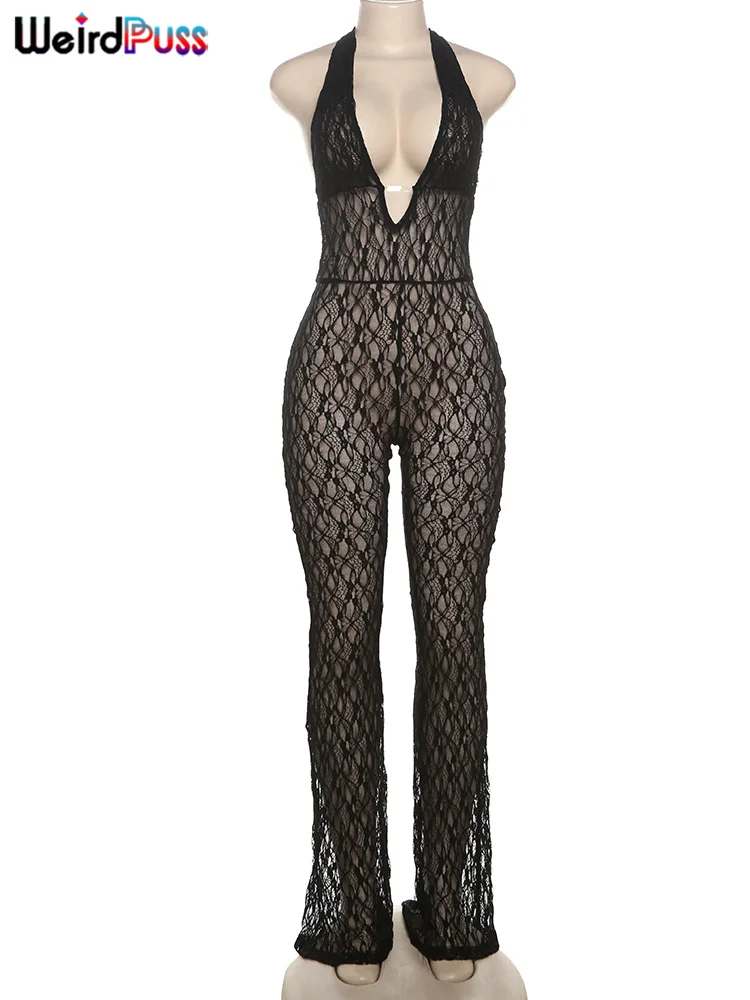 Weird Puss Sexy Mesh Halter Jumpsuit Women Backless Skinny Low-Neck Midnight Birthday Party Clubwear Activity Workout Overalls