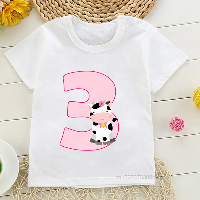 Children’S Birthday Number 1-9 Cute Cows Print T-Shirts Girl Pink Numbers White Short Sleeve Boy Funny Clothes Tee Tops