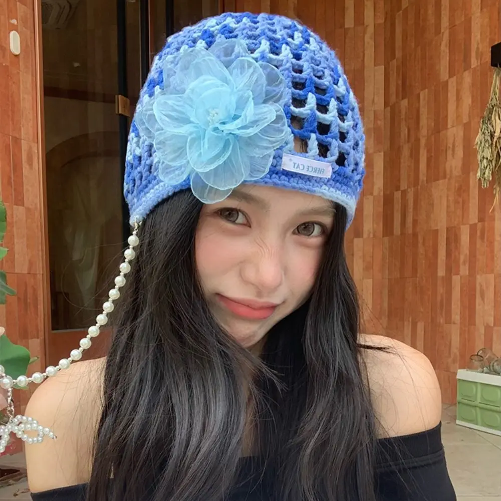 الرجعية البوهيمي نمط الكروشيه شرابة قبعة صغيرة الجوف الدوبامين اللون زهرة البلوز قبعة رقيقة نسج القوس اللؤلؤ قبعة قبعة الفتيات #2