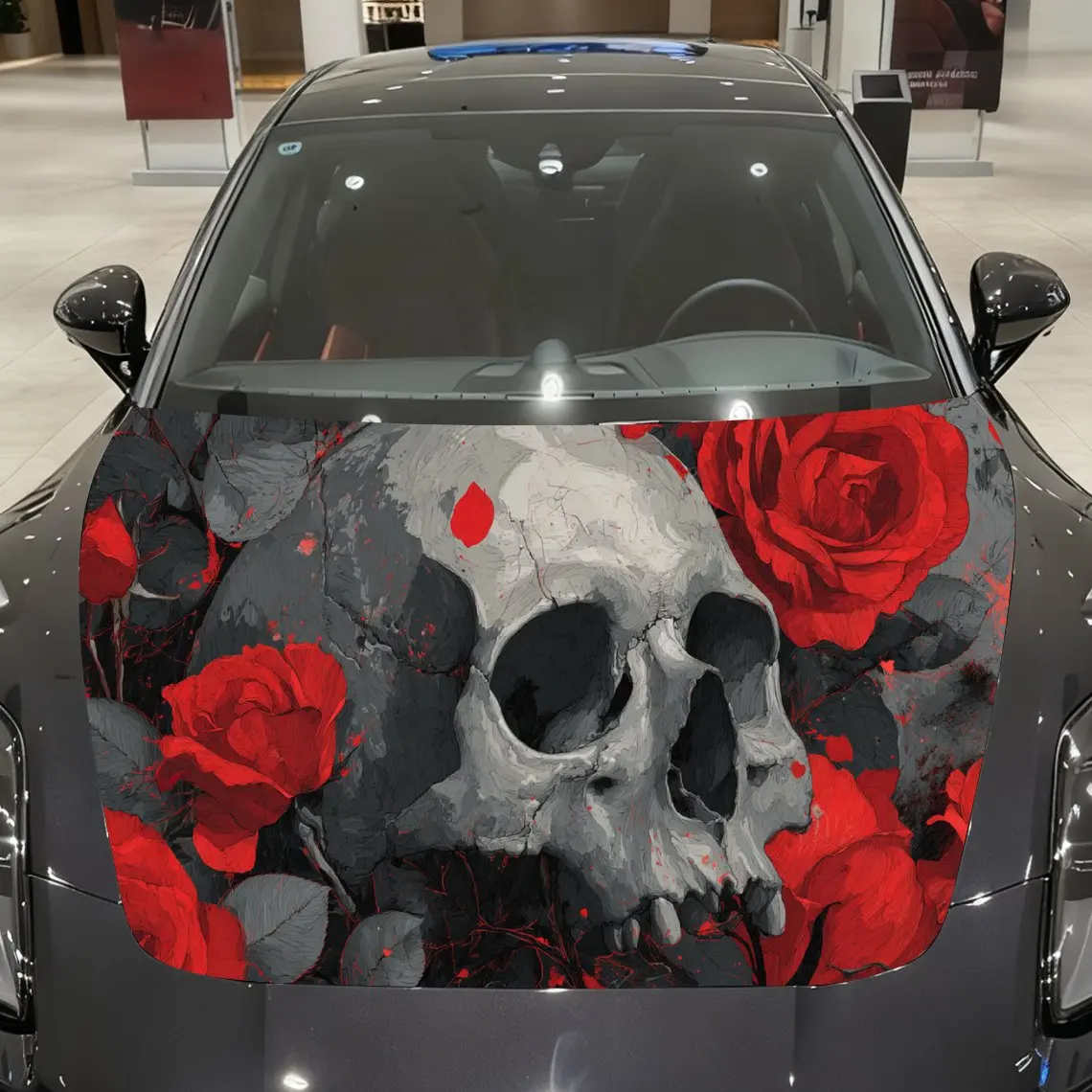 Car Decal Skull with Red Rose Motif in Dark & Artistic Collage Style - Edgy Dark Fantasy Aesthetic Car Hood Sticker, Waterproof