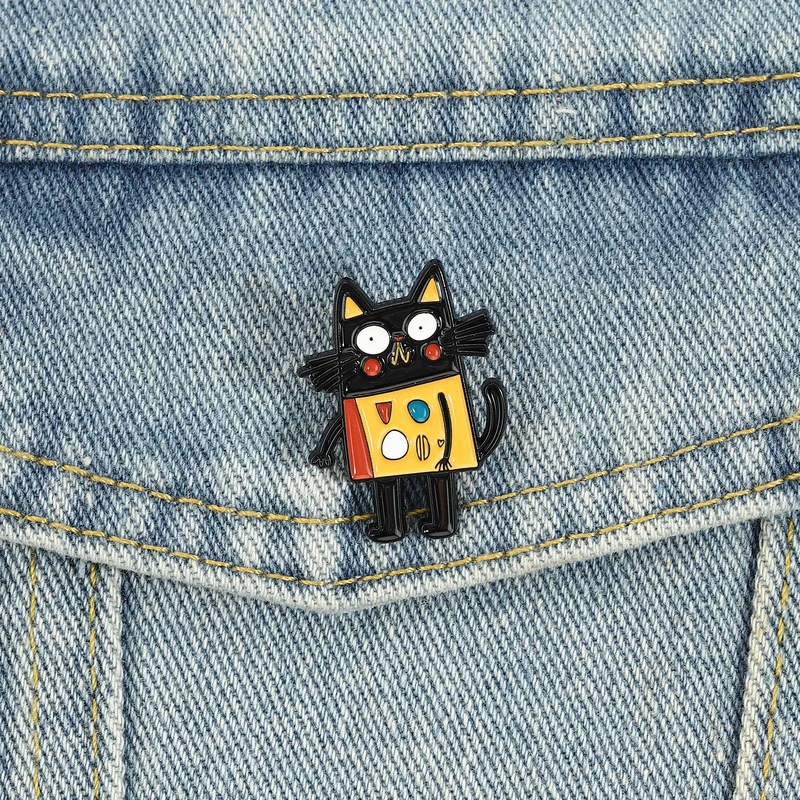 Retro Lively Black Cat Enamel Pins Fun Abstract Geometric Brooch Cartoon Lapel Badge Jewelry Accessory Gifts For Friends