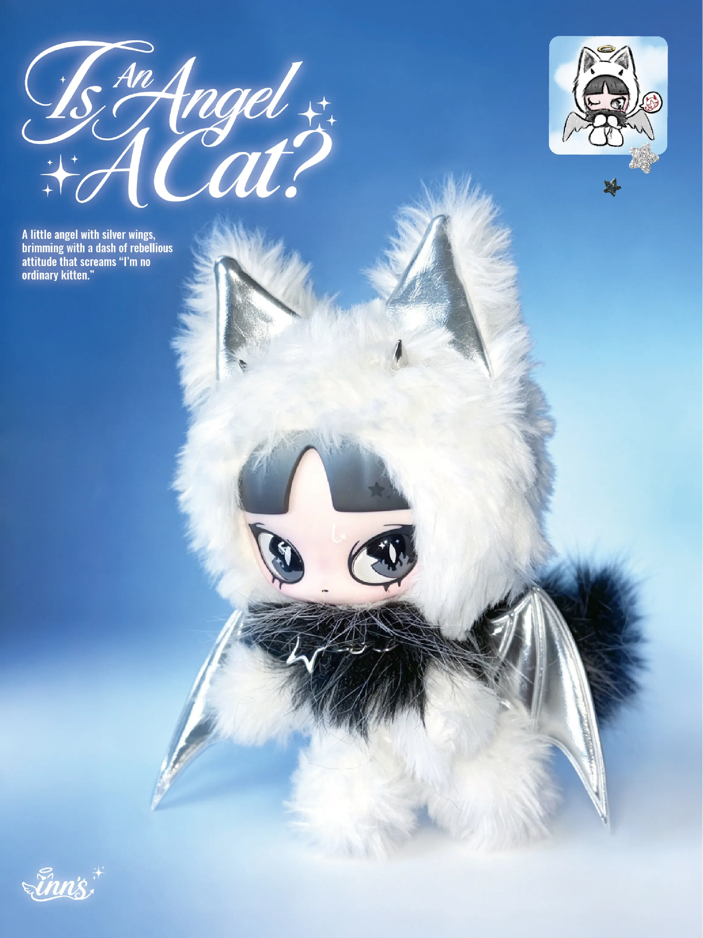 Original Inn'S Is An Angel A Cat Plush Doll Silver Wing Cat Ear Vinyl Face Doll Collectible Toy Pendant Ornament Home Decoration view 3