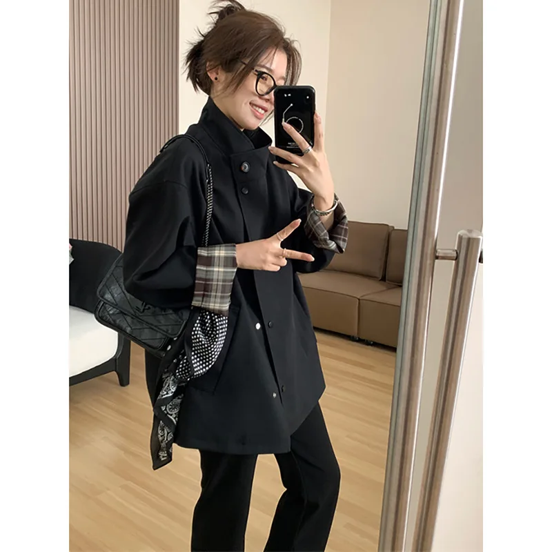 SuperAen Trench a maniche lunghe con giunture scozzesi a colori a contrasto Allentato dimagrante stile Inghilterra Donna Autunno Nuovi cappotti oversize