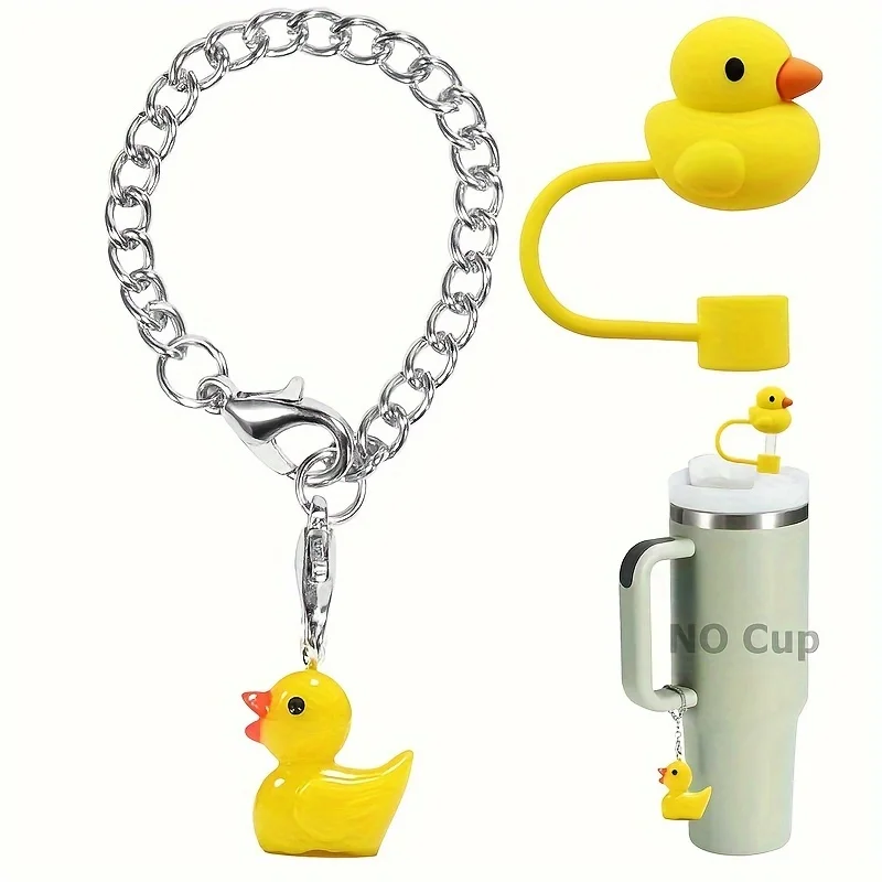 2pcs/set Kawaii Straw Topper With Duck Charm For Stanley Cup 8mm Cute Cartoon Duck Straw Cover, Reusable Drinking Straw Tip Cove