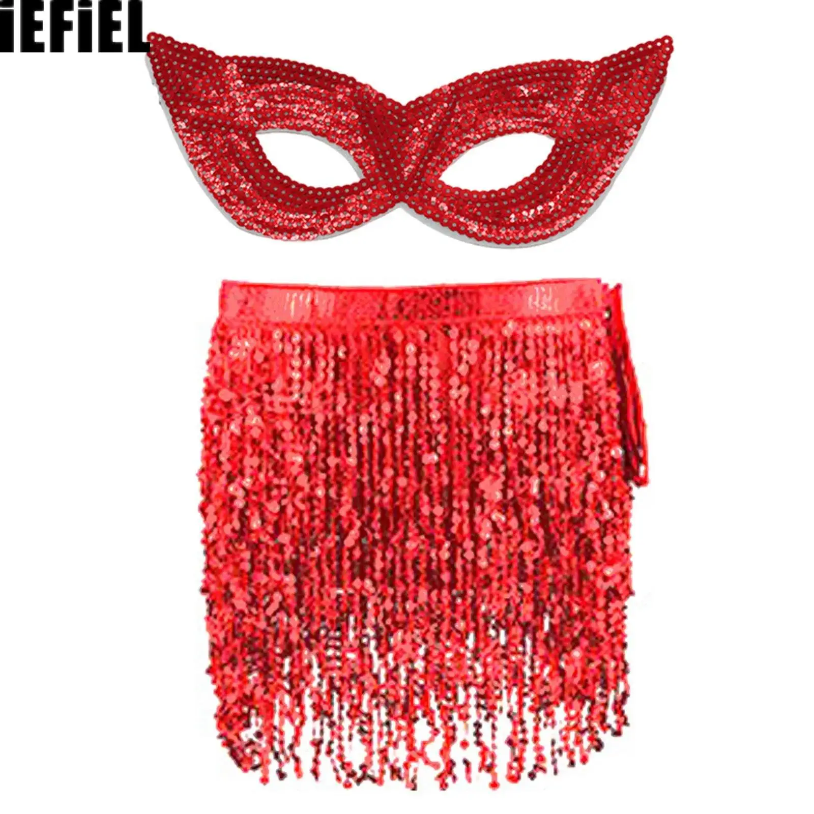 

Womens Sequins Tassel Belly Dance Costumes Set Belly-dance Waist Chain And Sequin Mask for Party Masquerade