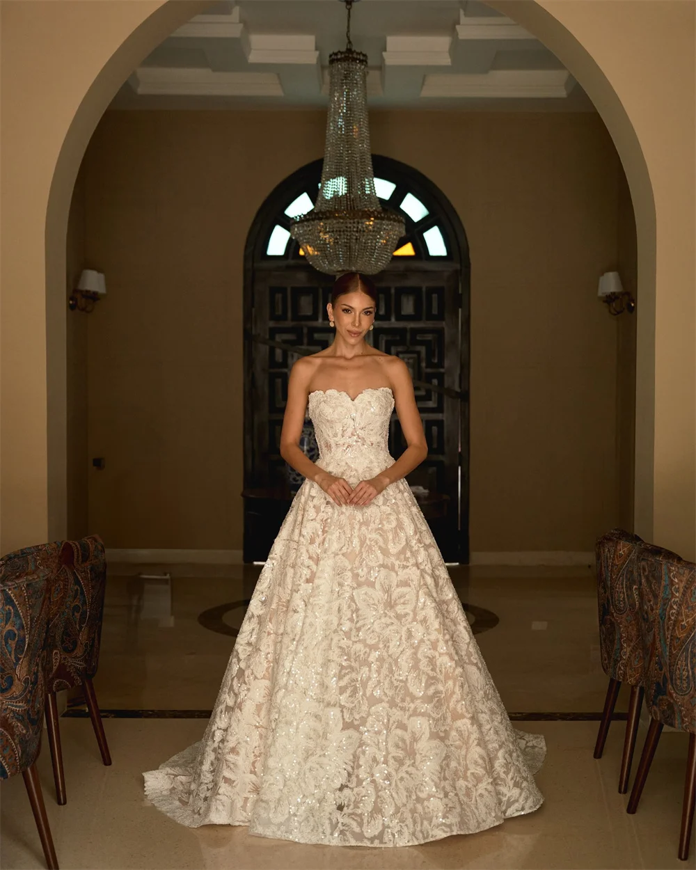 Kyoto Customized Ivory Flower Lace Strapless Wedding Dress Glitter Sweetheart Neck vestidos de novia A-Line Long Train Formal image 3
