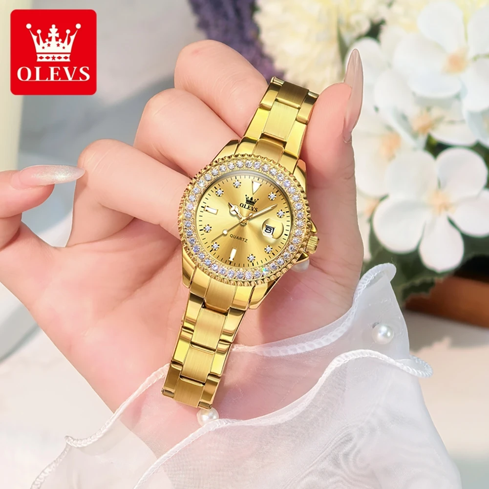 OLEVS 9945 Womens Watch Top Brand Original Quartz Watch Luxury Bezel Diamond Wristwatch Waterproof Enlarge Date Gift Reloj Mujer