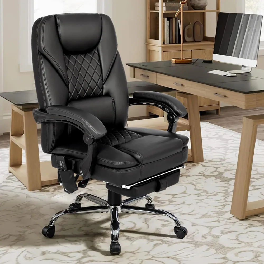 كرسي مكتب جلدي مريح عالي الظهر مع مسند للقدمين، اهتزاز 4 نقاط وتدليك حراري للراحة التنفيذية