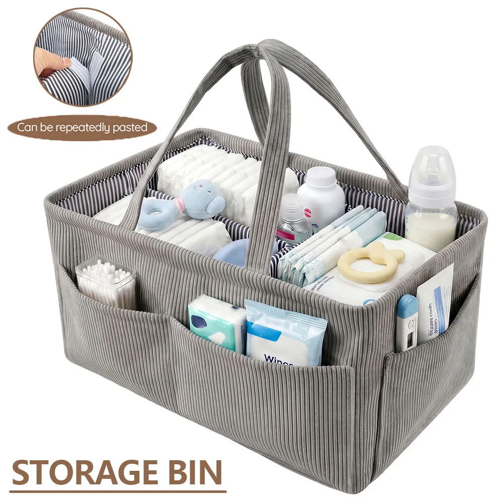 Baby Nappy Caddy Organizer Foldable Corduroy Nursery Storage Bin with Multi-pocket and Handle Portable Wipe Basket Organizer