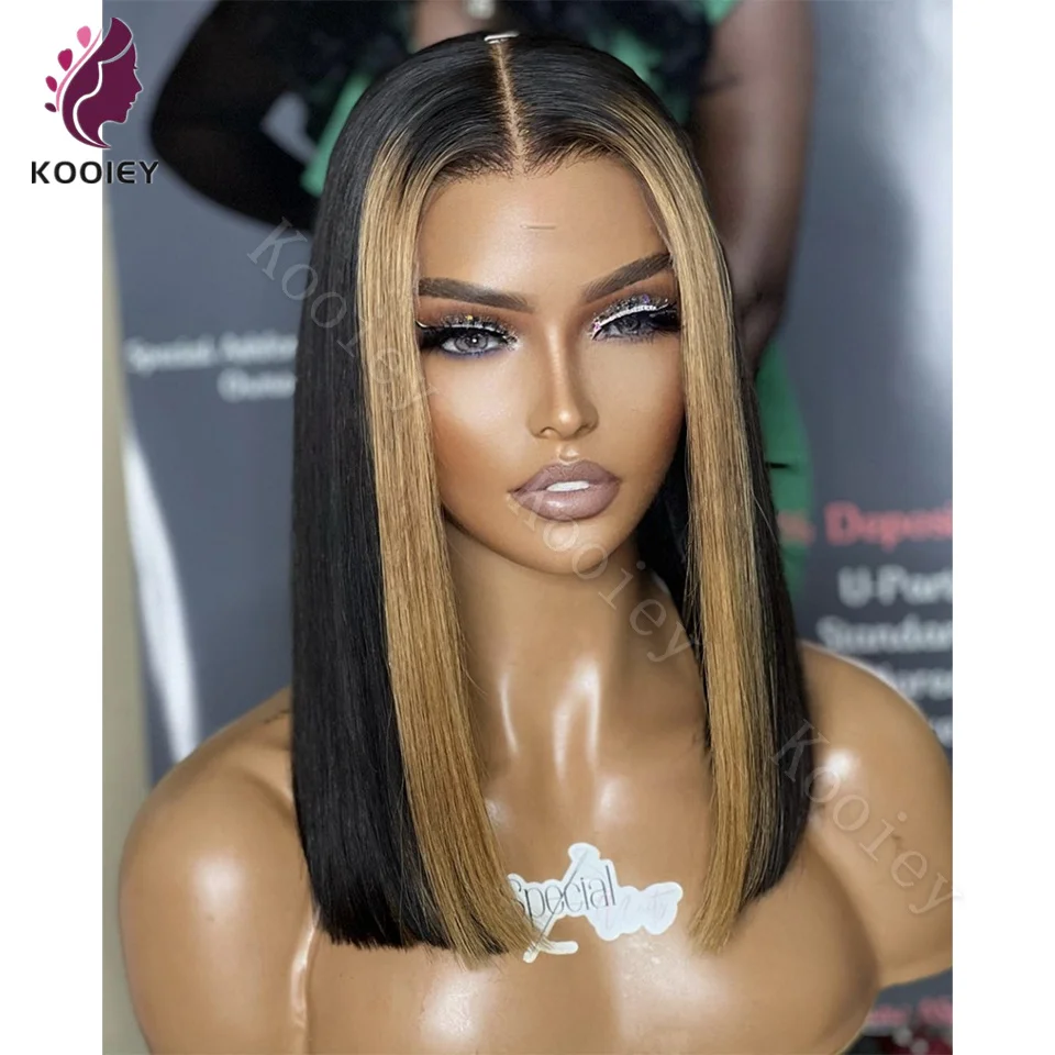 

180 Density Highlight Blonde Straight Short Bob Wig Transparent Lace Frontal Human Hair Wigs For Women Highlight 13x4 Lace Wig