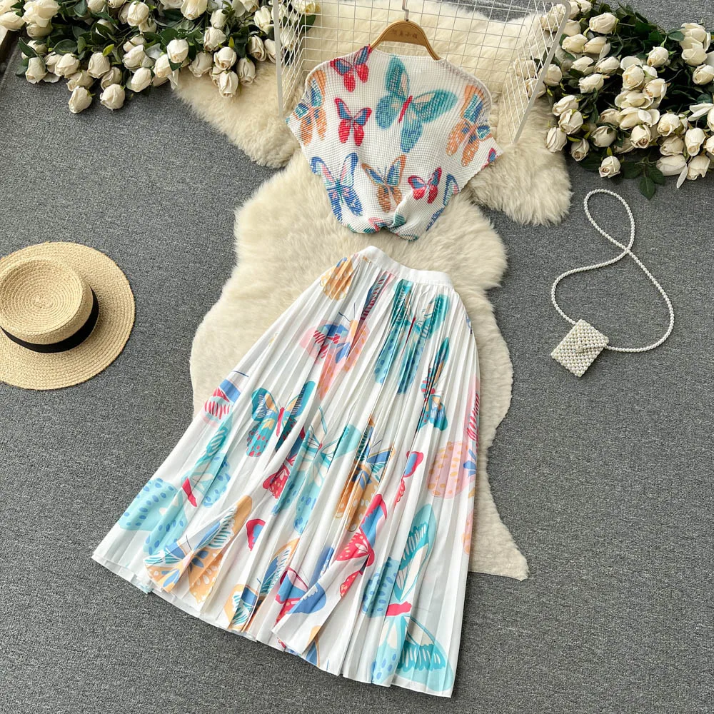 

Women Short Sleeve Contrasting Color Shirt + High Waist Pleated Women Skirt 2 Piece Set 2023 Summer Runway Party Clothing