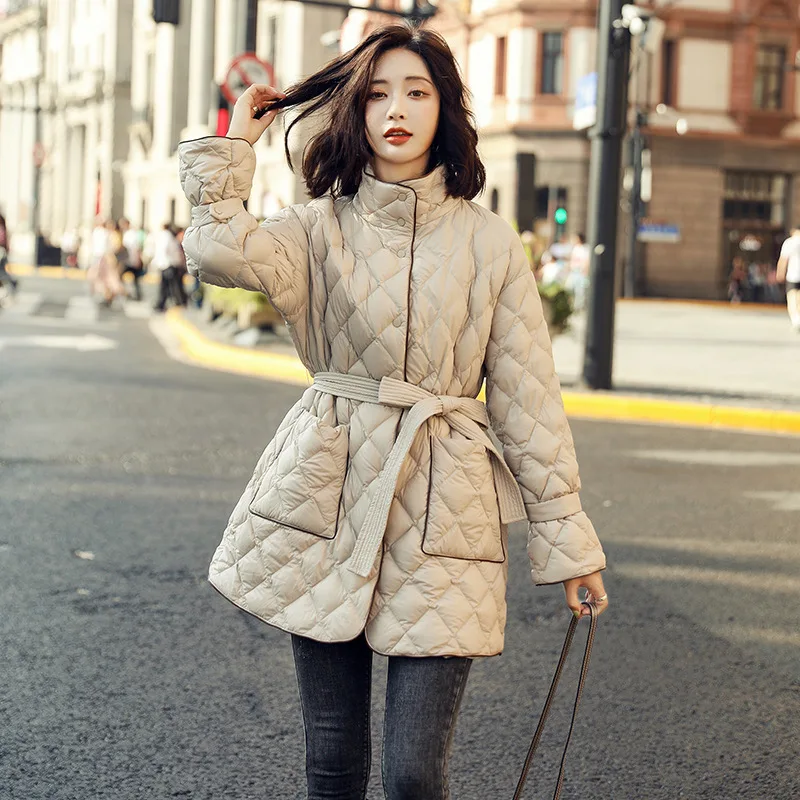 

Winter Women cotton down jacket Versatile High Neck Warm Large Pocket Lace Up Waist Cotton Jacket Clothes New Parka Women Jacket