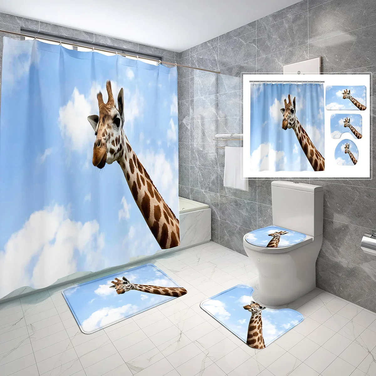 

4 Pcs Giraffe Theme Shower Curtain Sets Cute Funny Wild Animal Non-Slip Bath Mat Toilet Cover Waterproof Shower Curtain Set