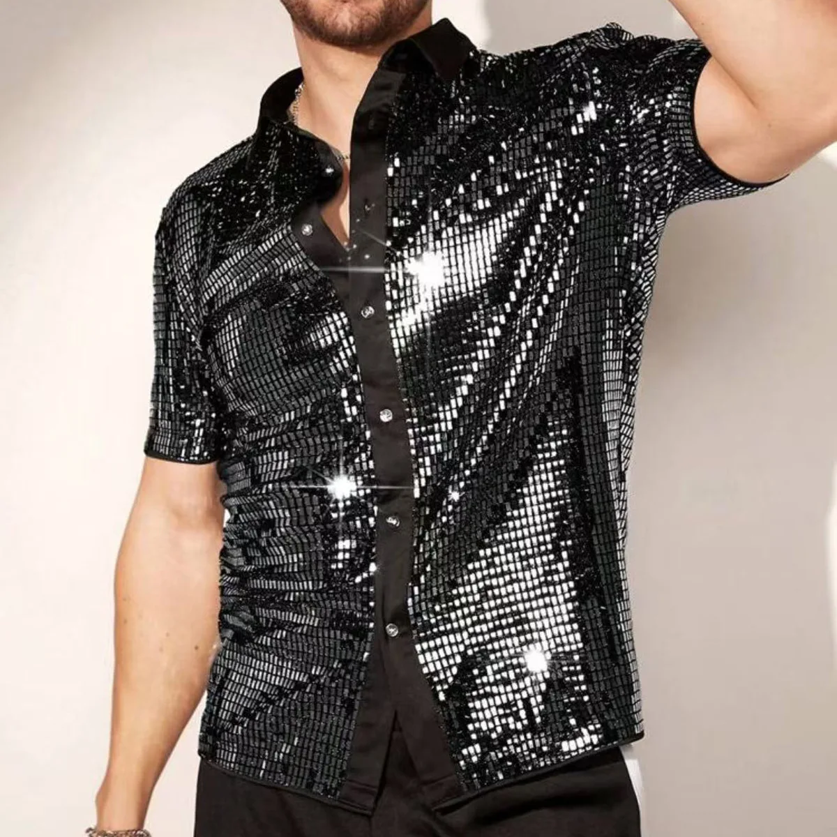 Summer New Personality Trend Breathable Sequin Short-sleeved Shirt Hot-selling Square Collar Color Matching Men's Clothing