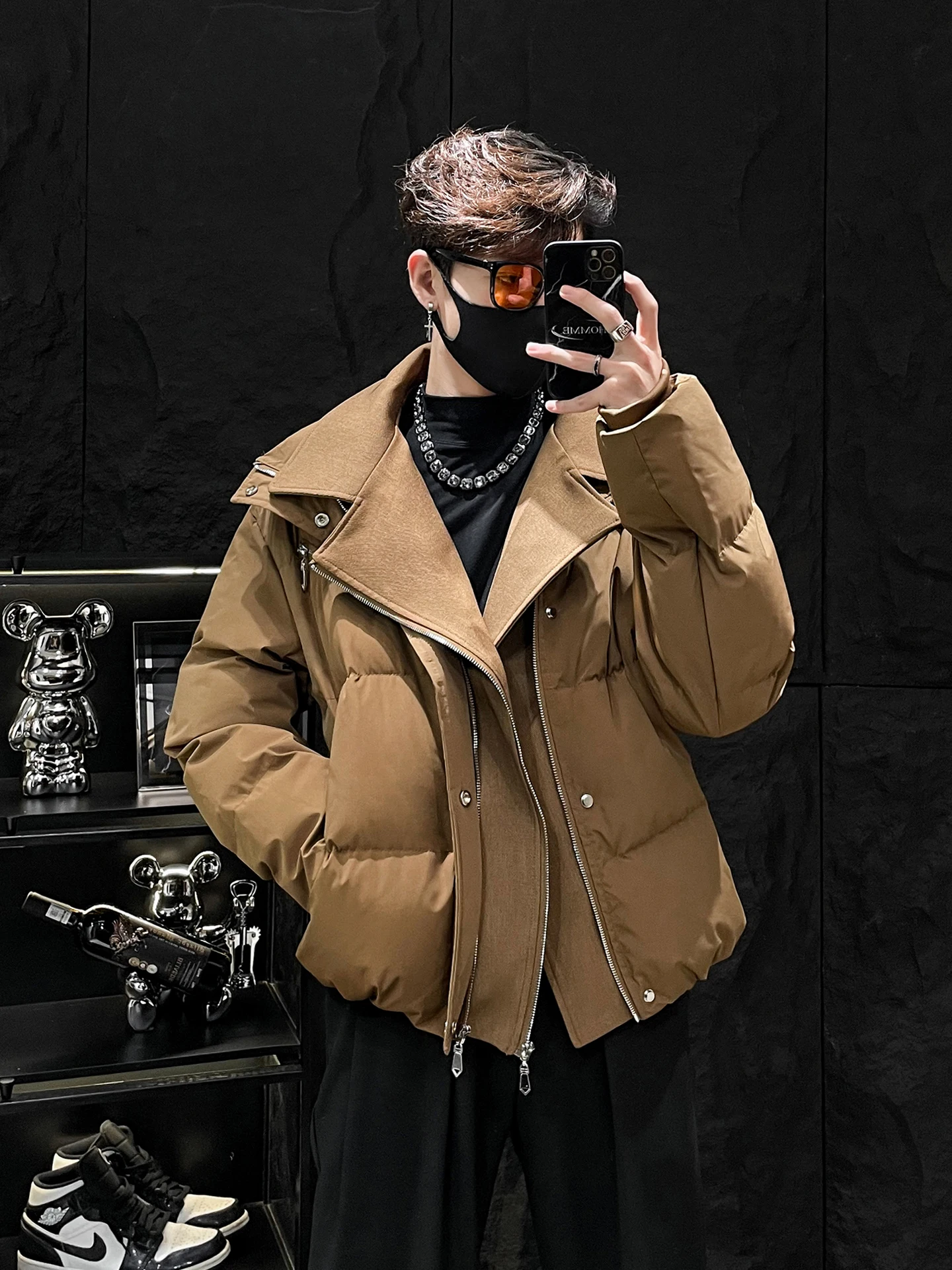 

HOMME мужское хлопковое пальто свободного покроя с воротником-стойкой, зимнее пальто, теплое молодежное модное повседневное длинное светящееся пальто на молнии