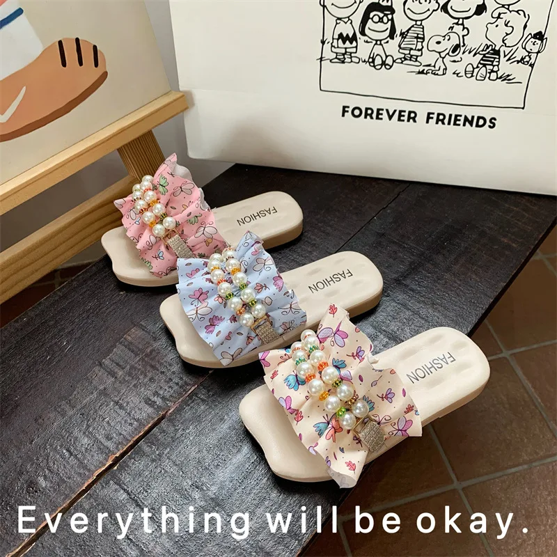 Fairy Cool Slippers Cute Girls Korean Style New Fashion Floral Ruffle Pearl Flat Bottom Flip Flop 슬리퍼 тапочки zapatos niña