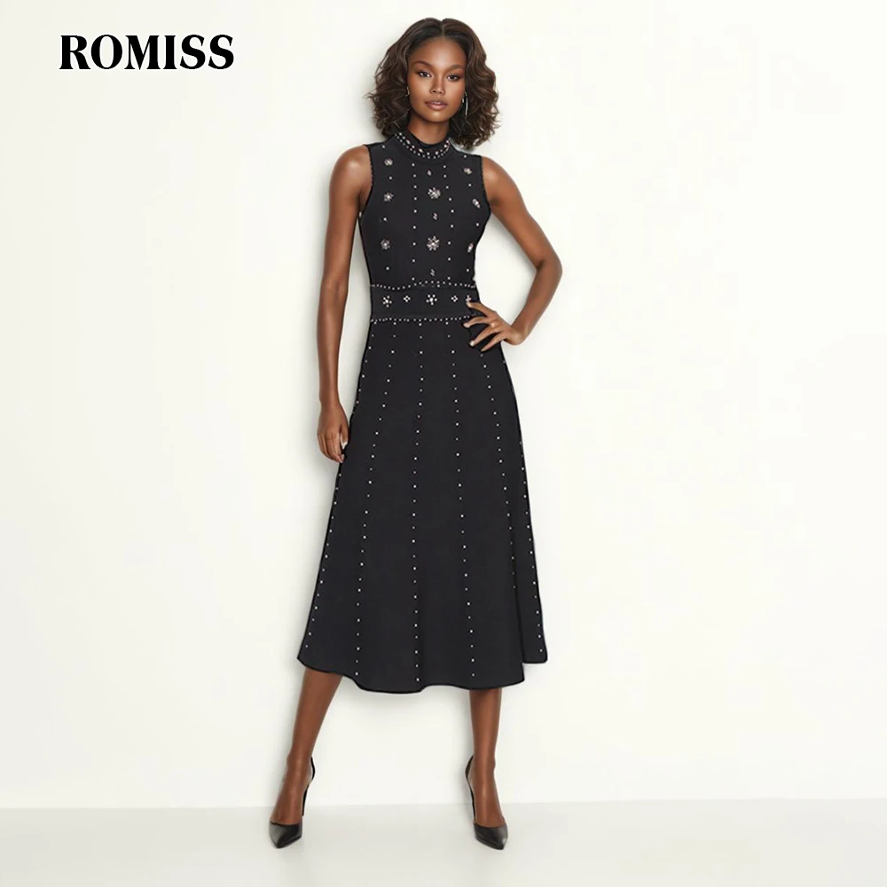 Romiss Solid Patchwork bestickte Flares elegantes Kleid für Frauen Rundhals ausschnitt rücken frei ärmellose lange Kleider mit hoher Taille weiblich