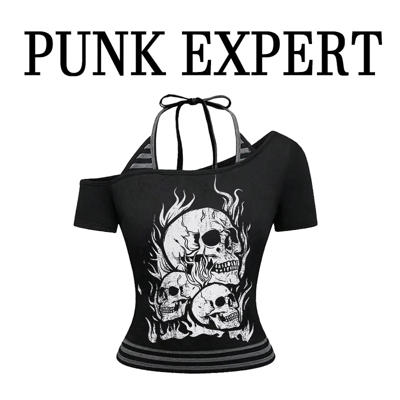 

Europese en Amerikaanse stijl nep tweedelige camisole slim fit T-shirt met gestreepte print cartoon skull punk gothic stijl Y2K