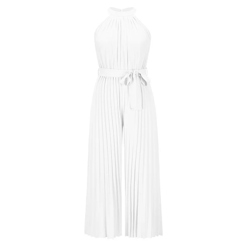 Women's Sexy Halter Sleeveless Pleated Wide-Leg Trousers, Lace Up, Slim Fit, Summer, New