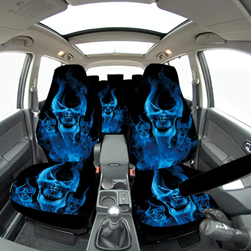 Blue Skull Print car seat cover + rear seat back cover + rear bottom stool cover car seat cover 7-piece set of auto parts, unive