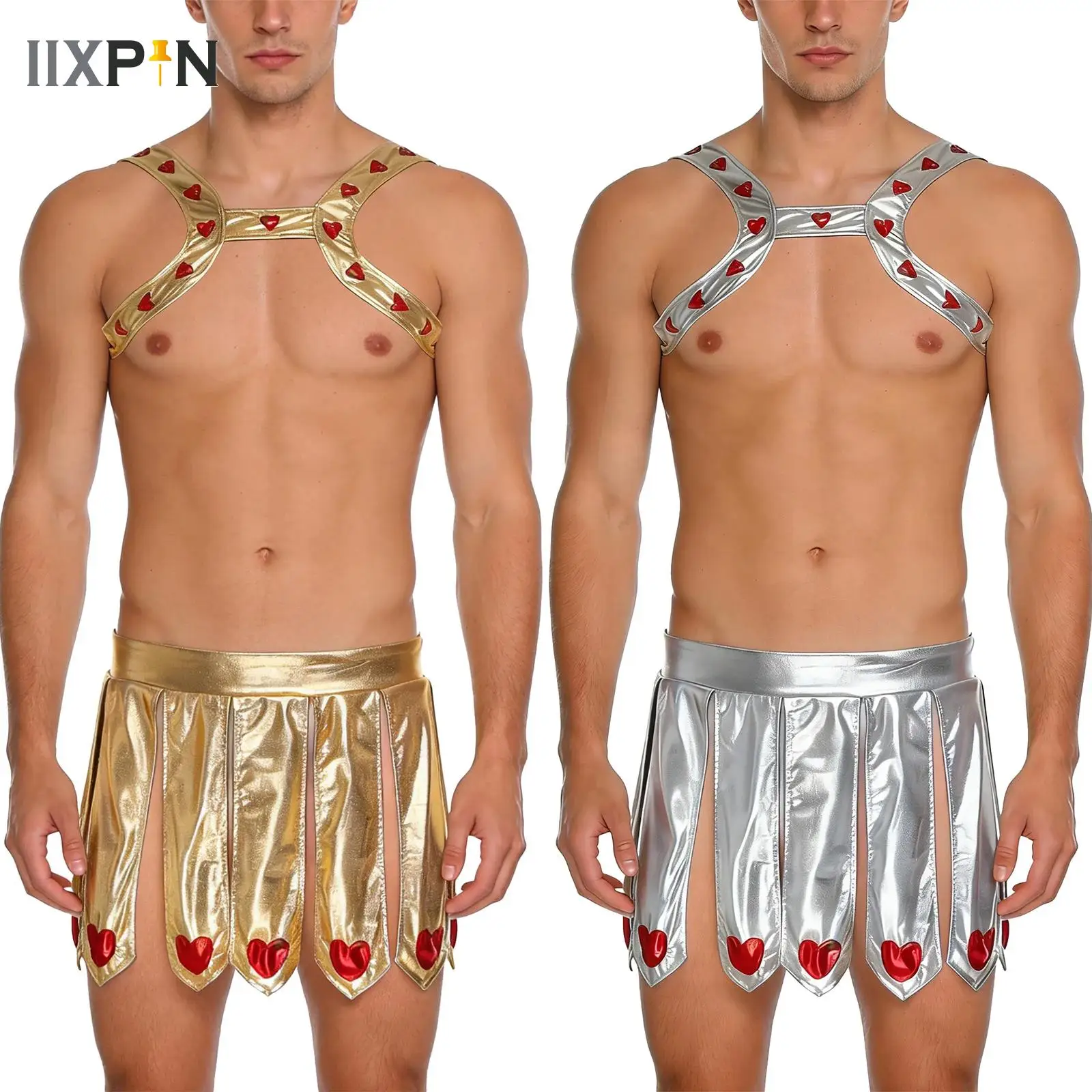 

Men's Metallic Cupid Outfit Roman God of Love Cosplay Costume Halloween Mythology Ancient Greek Knight Theme Party Role Play Set