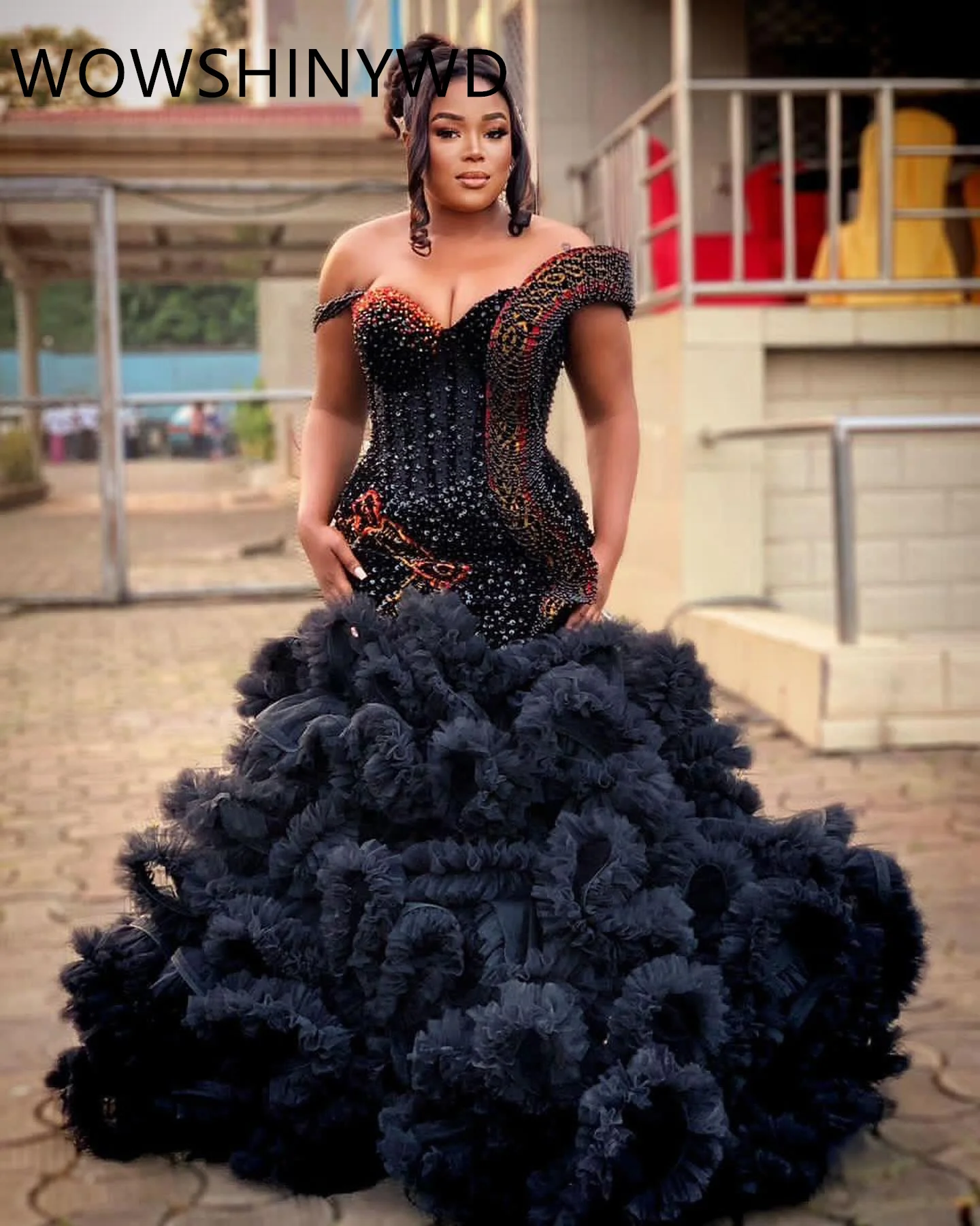 2024 Aso Ebi Black Mermaid Prom Dresses Beaded Tiers Evening Formal Party Second Engagement Birthday Gowns Dresses ZJ137