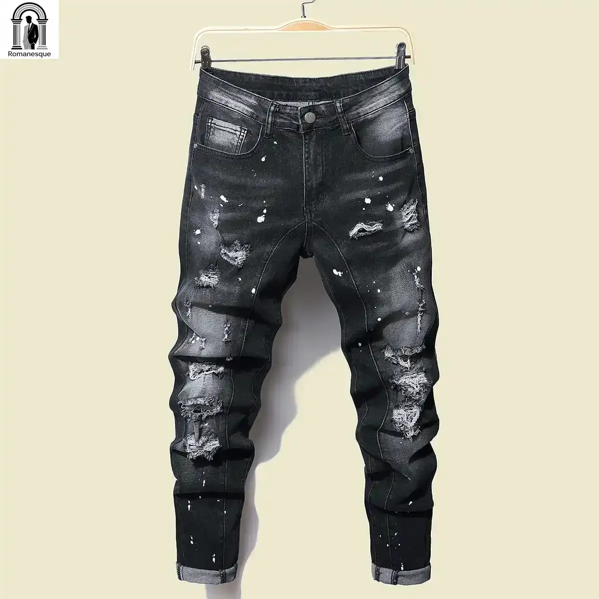 

Men Black Skinny Denim Spot Jeans Male Ripped Stretch Fit Jeans Men Slim Trousers Fit Long Pants Streetwear Casual Mens Jeans