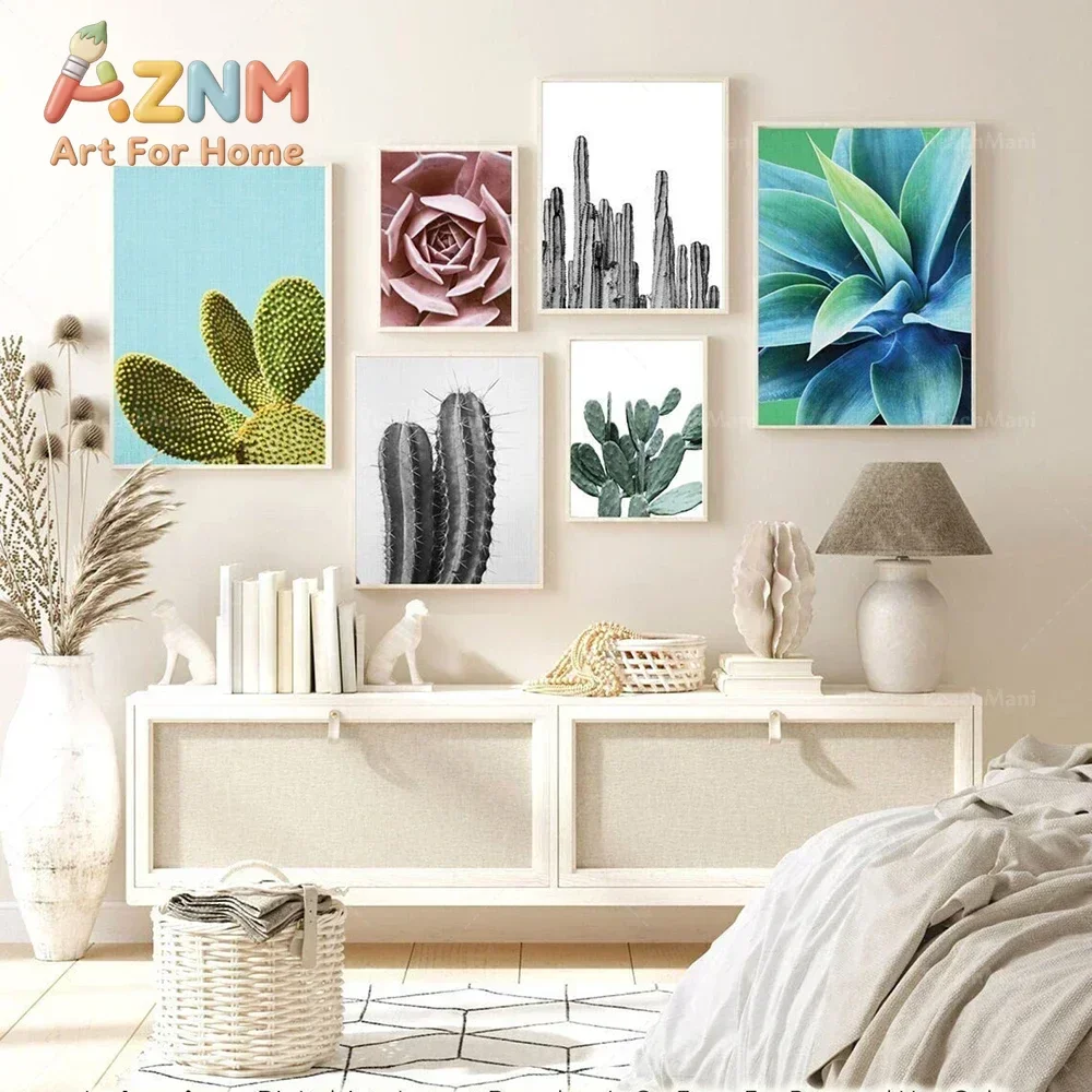 AZNM Tropical Cactus Succulent Canvas Wall Art Botanical Desert Plant Frameless Print Poster for Living Room Bedroom Home Decor