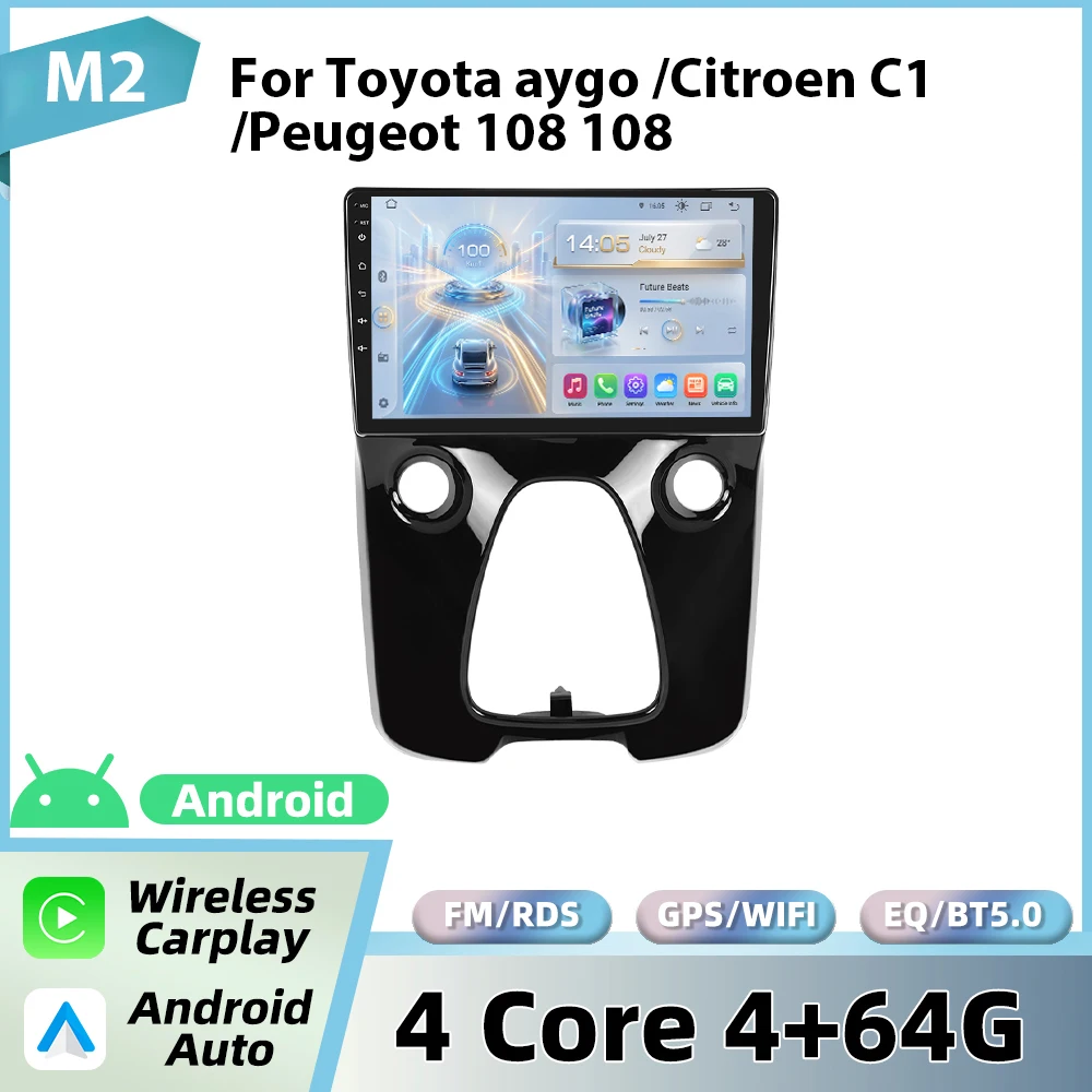 Podofo 10'' autoradio voor Toyota Aygo 2015/Citroën C1 2020/Peugeot 108 draadloze CarPlay Android autoradio WIFI GPS 2din radio