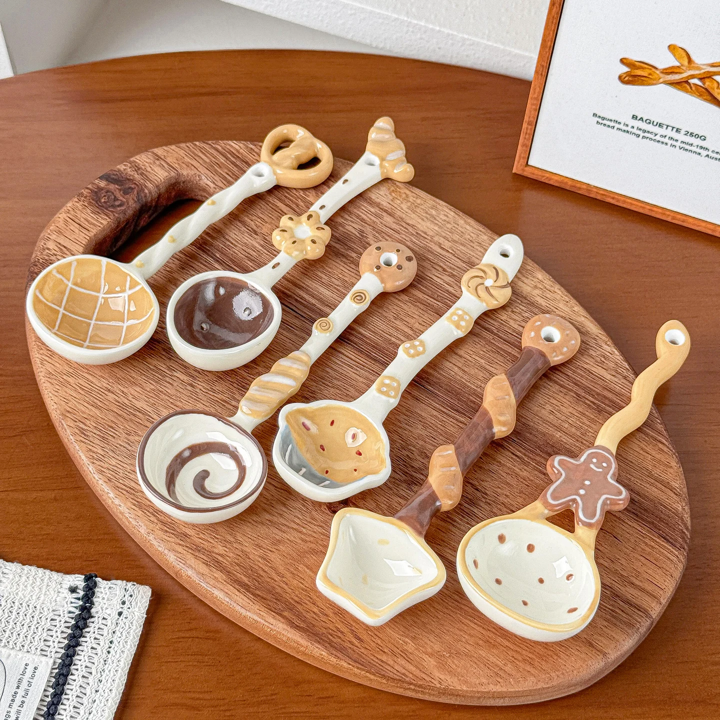 1/3/5/6pcs Ceramic Long Handled Spoon Cute Baking Bread and Biscuit Design Household Rice Spoon Soup Spoon Underglaze Color