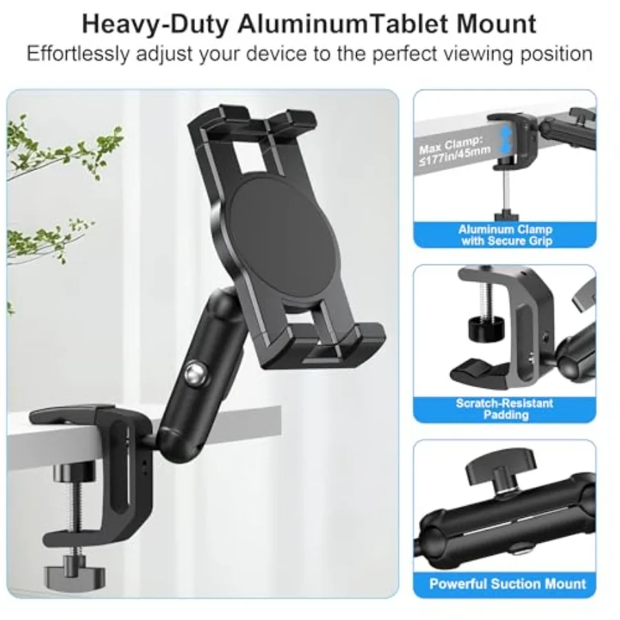 Penyangga Tablet iPad di Bawah Kabinet Dapur, Penyangga Tablet iPad di Meja dengan Penjepit, Basis Aluminium, Lengan Logam, Rotasi 360 Derajat, Kompatibel dengan