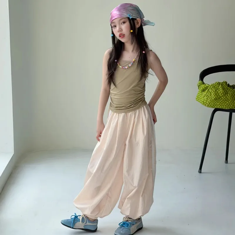 2026 Summer Same Style Strap Lantern Pants Set 2026 Summer Style Girls Tank Top Loose Leg Tight Sports Pants Two Piece Set