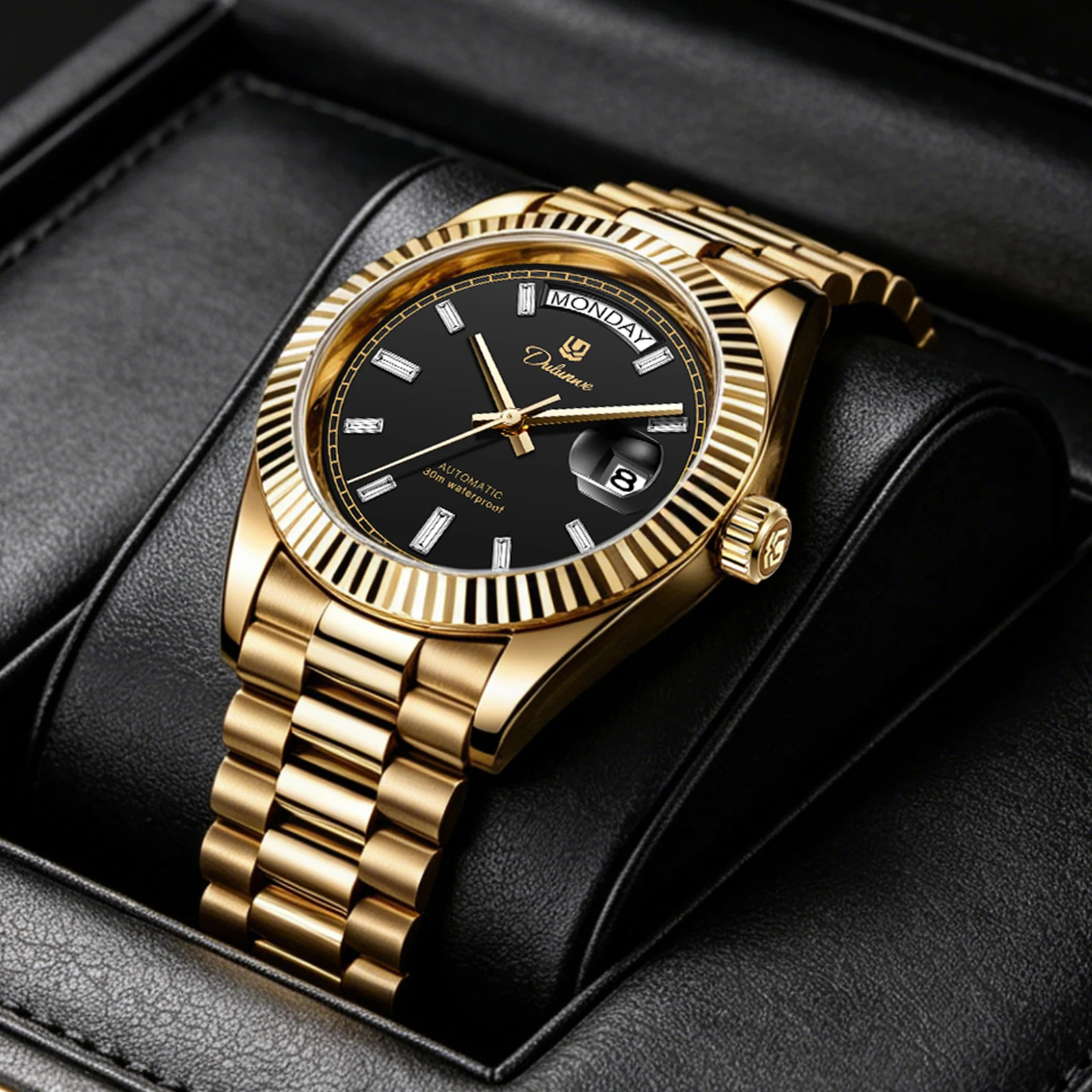 Dulunwe Automatic Watches for Men Day Date Classic 41MM Retro Mechanical Wristwatch 3ATM Waterproof Screw-in Crown Design