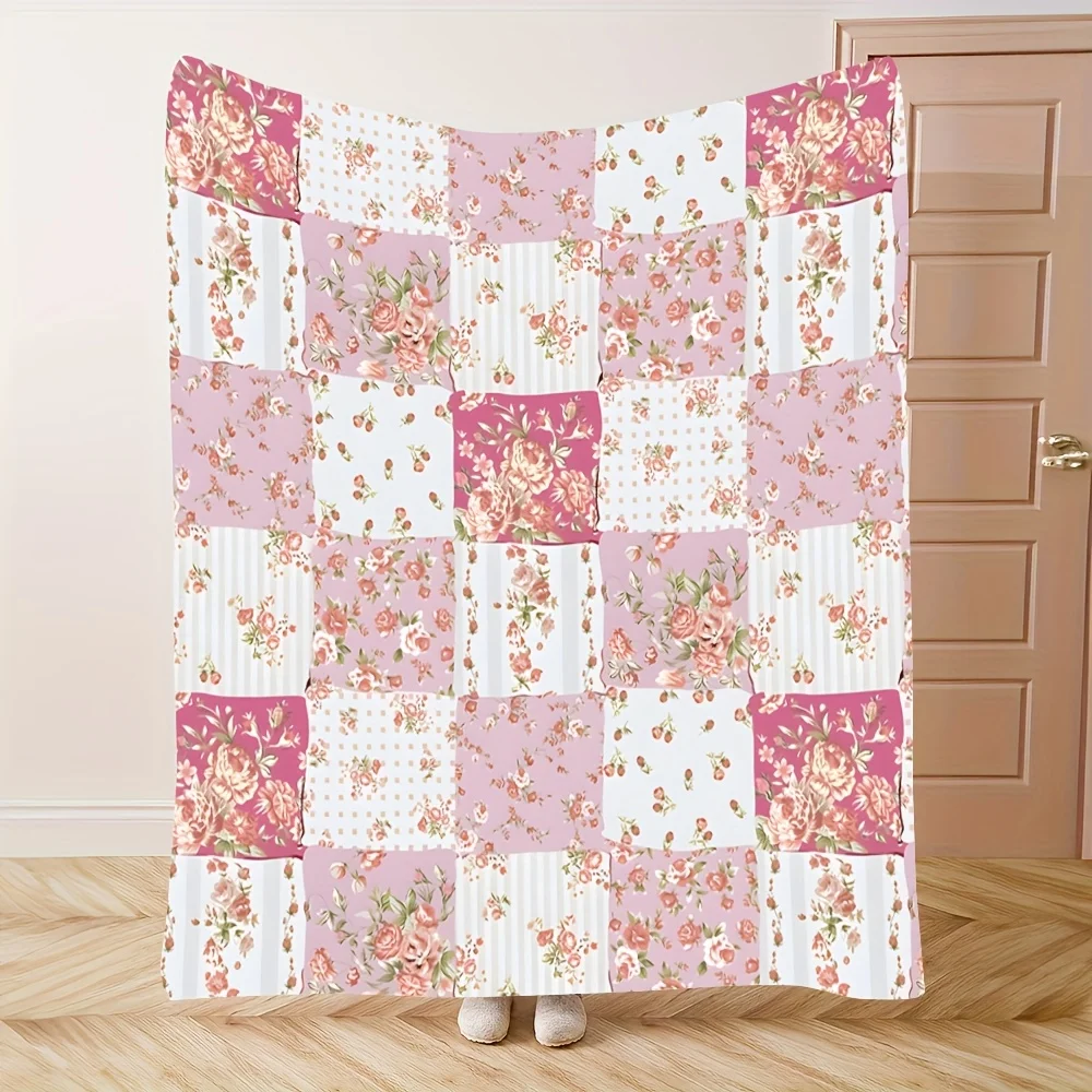 1 Cozy Pink and White Floral Patchwork Fleece Blanket- With a vintage garden pattern, perfect for naps camping, machine washable