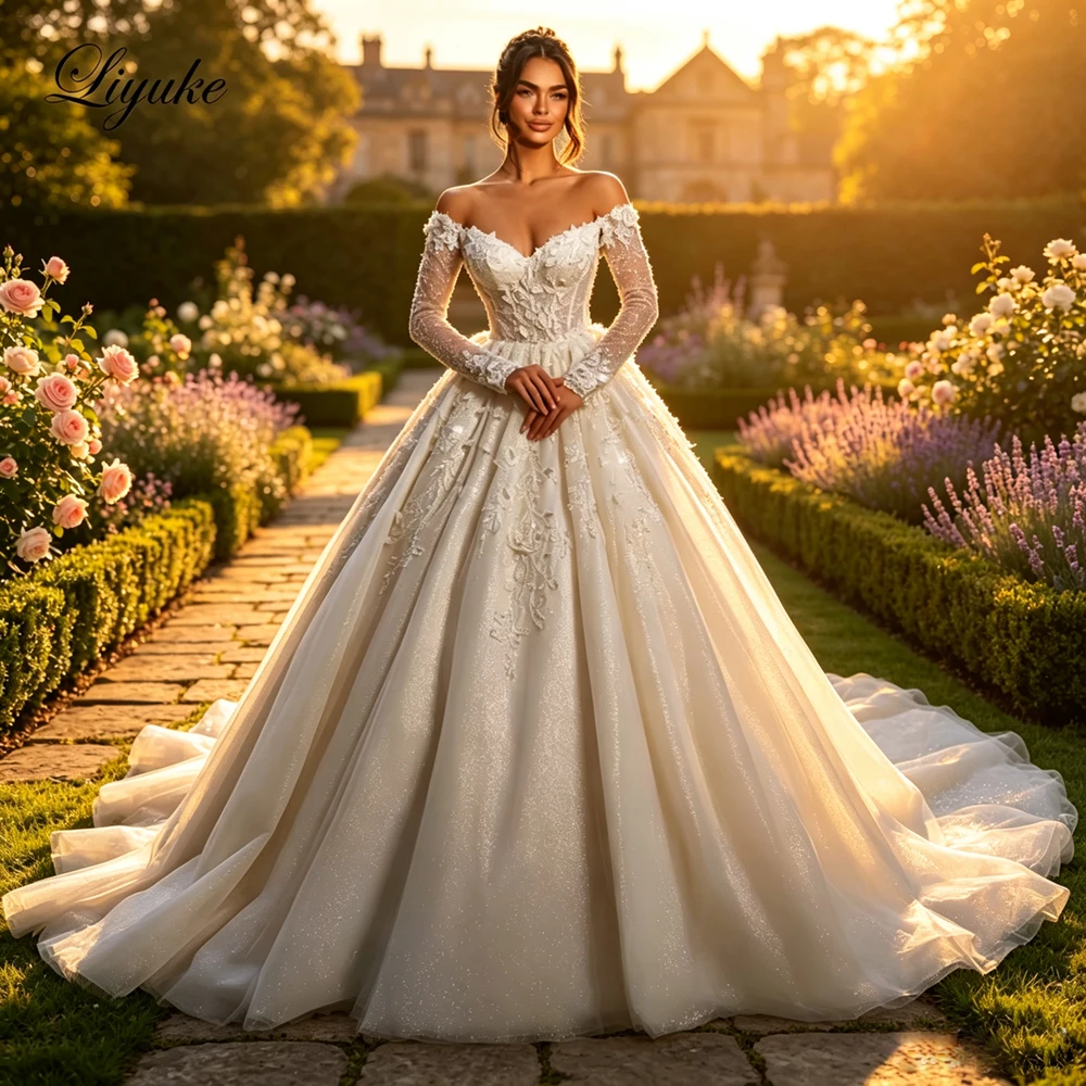 Liyuke Custom Made Luxury Bling Embroidery Lace Ball Gown Wedding Dresses Beading Appliques Off Shoulder Sleeves Bridal Gowns