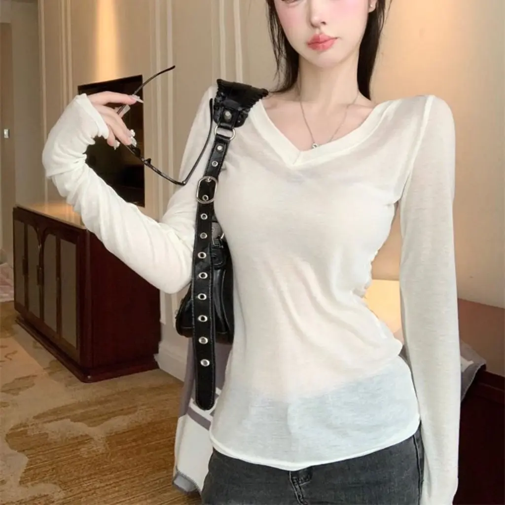 

Women's Slim Fit Long-Sleeved Shirt Hollow-Out Waist Collar Versatile Stretch Solid Color Sun Protection Top for Hot Girl Style