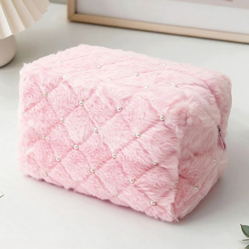 Large Capacity Pearl Plush Makeup Bag Portable Fashion Travel Toiletries Organizer Women's Cosmetic Storage Pouch Beauty Case