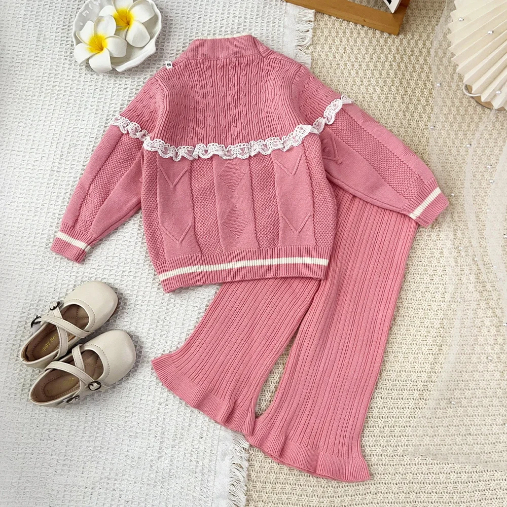 Süßes Rosa Mädchen-Strickoutfit, 2-teilig, Spitze, Schleife, Langarm-Pullover, Schlaghose, Koreanisches Herbst- und Winter-Kinderbekleidungsset 2-6 Jahre – Detail 13