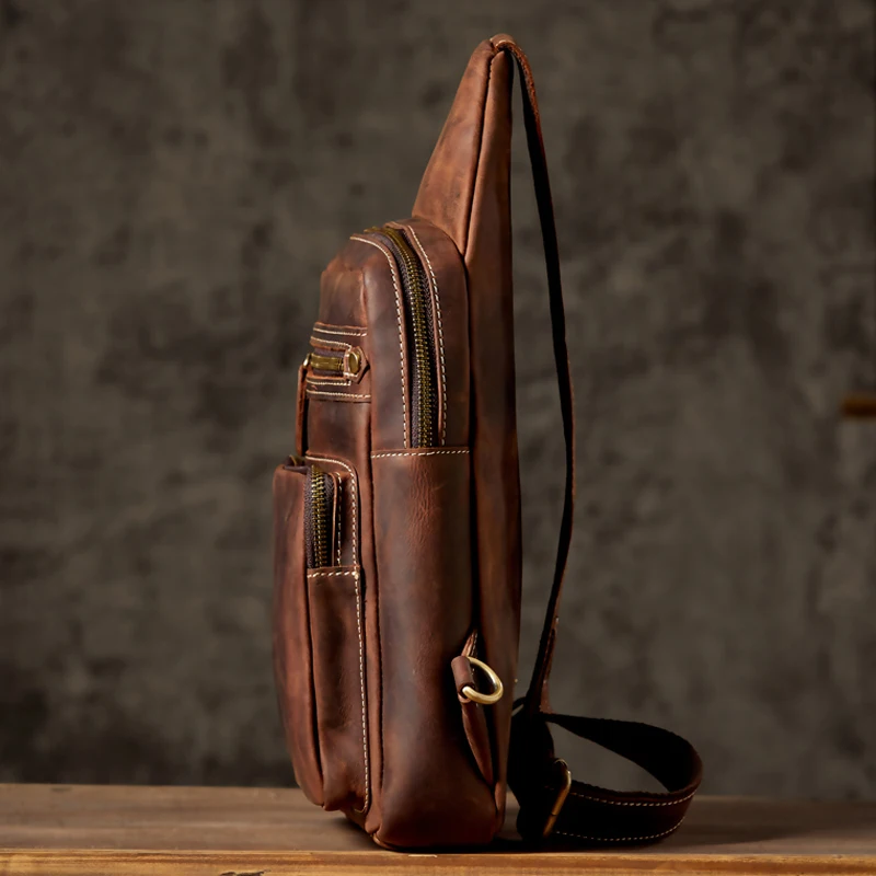 Vintage Genuine Leather Chest Bag Men High Quality Crazy Horse Leather Cross body Sling Bag Casual Outdoor Sport Shoulder Bag