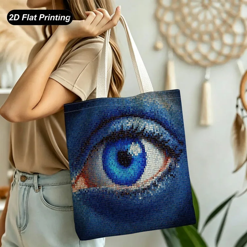 1PC【Tote Bag】2DFlat effect，bag features a modern minimalist blue eye print，Large capacity and durable，Adapted sho