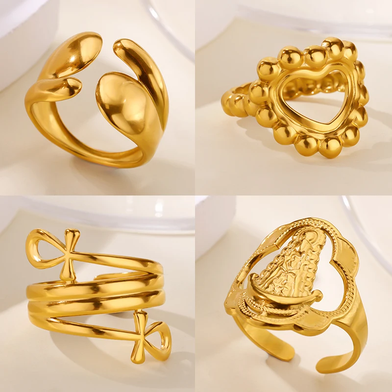 

Egyptian Queen Ankh Cross Rings for Women Stainless Steel Gold Color Beads Heart Ring Aesthetic Wedding Waterproof Jewelry