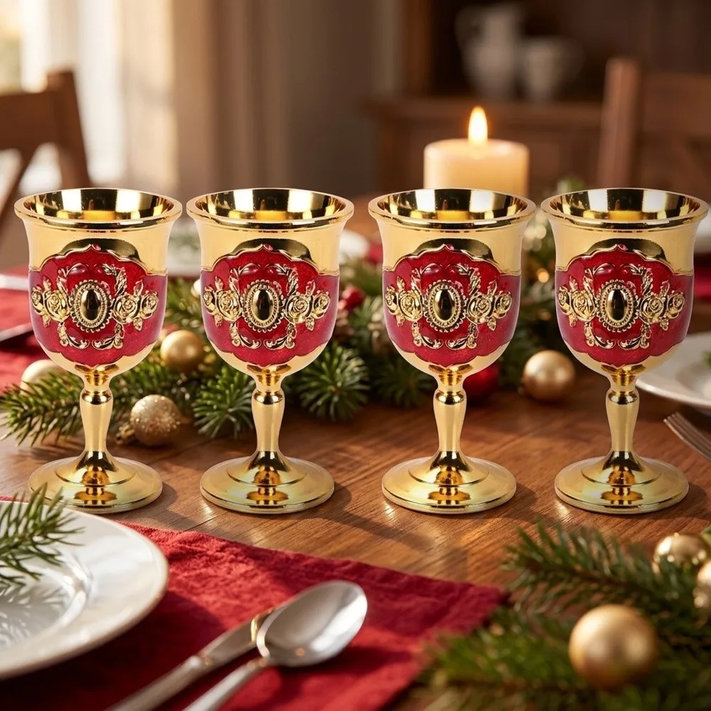 4Pcs Embossed Metal Goblet Shot Glasses Small Wine Cups For Household Bar Party Drinkware Festival Table Decoration