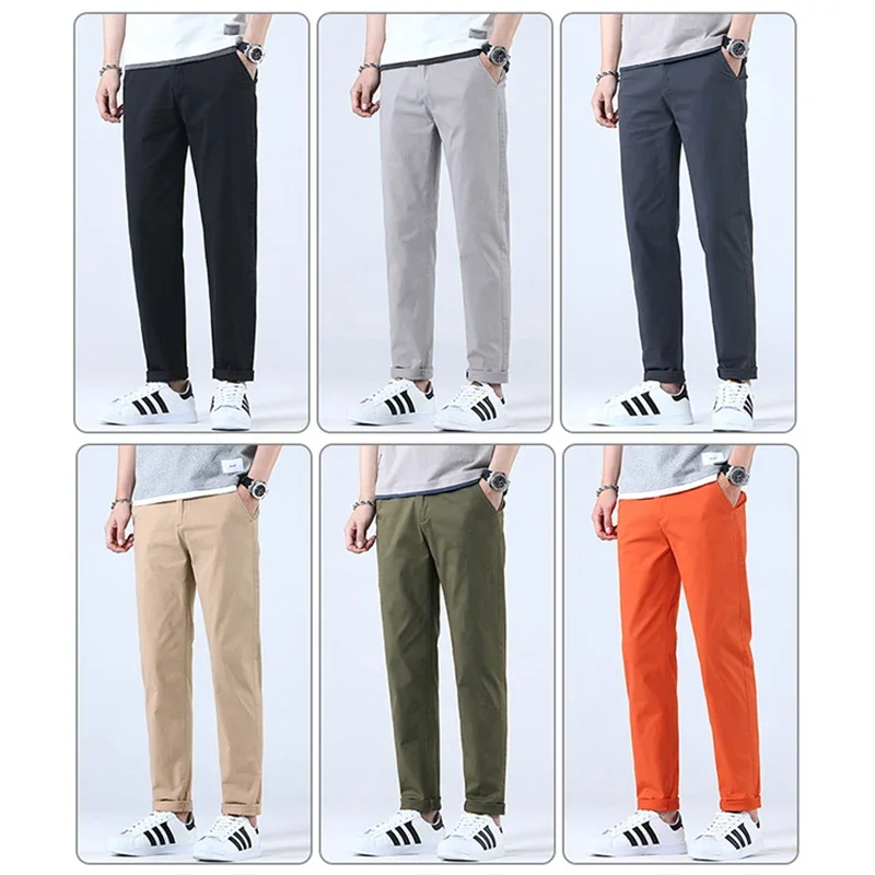 New Casual Men Stretch Cotton Straight Business Pants Male Orange Slim Fit Elastic Waist Trousers Green Khaki Korean Cargo Pants