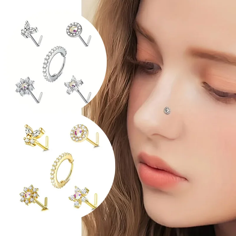 5Pcs 20G Stainless Steel Nose Rings for Women Girl, Nose Stud Nose Screws Butterfly Flower Nose Piercing Jewelry L Shaped Studs