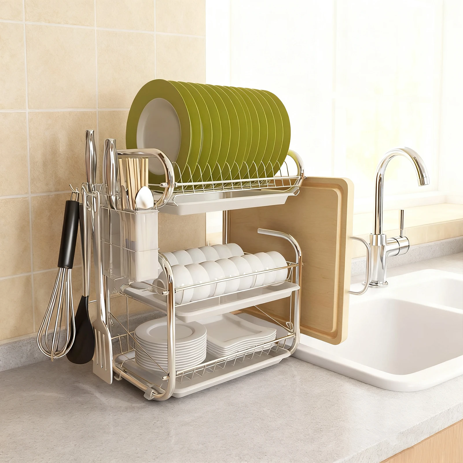 

3 Tiers Dish Drainer Large Kitchen Dish Storage Shelf Multifunctional Kitchen Organizer Countertop Dish Drying Rack for Kitchen