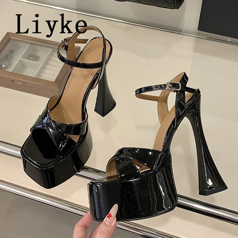 

Liiyke Black White Patent Leather Women Platform Sandals Sexy Thick Bottom Square Toe Party Stripper Pole Dance Shoes High Heels