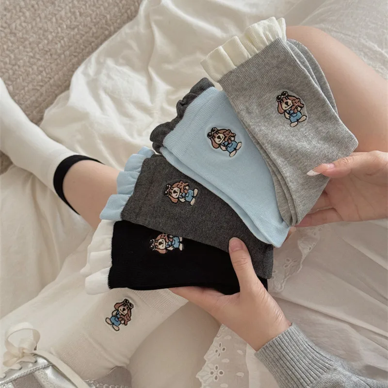 

Cartoon Dog Embroidery Women Socks Color Matching Cotton Middle Tube Socks College Style School Girls Lolita Kawaii Ruffle Socks